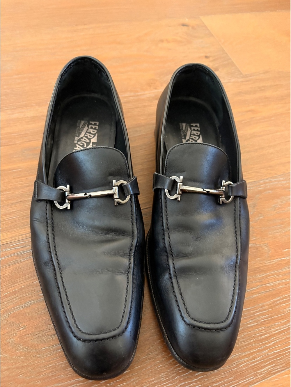 Salvatore Ferragamo Black Leather Loafers Silver Bit Classic Elegant 10.5